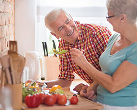 Seniors Enjoying Cooking and Eating-because of Well Organized Home Inventory Services from SayvaServices. Your food will taste better when you have good ingredients. Not expired.